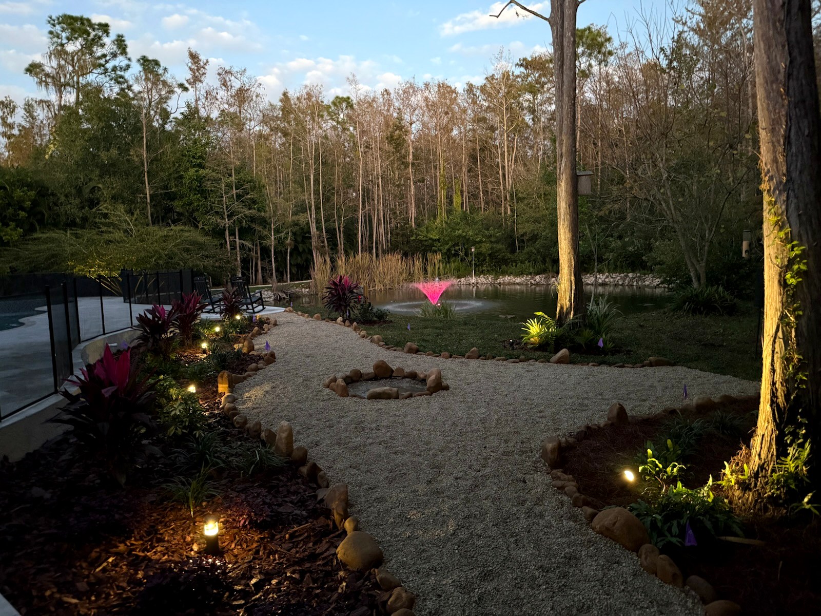 Completed landscape with stone path, planting and lighting