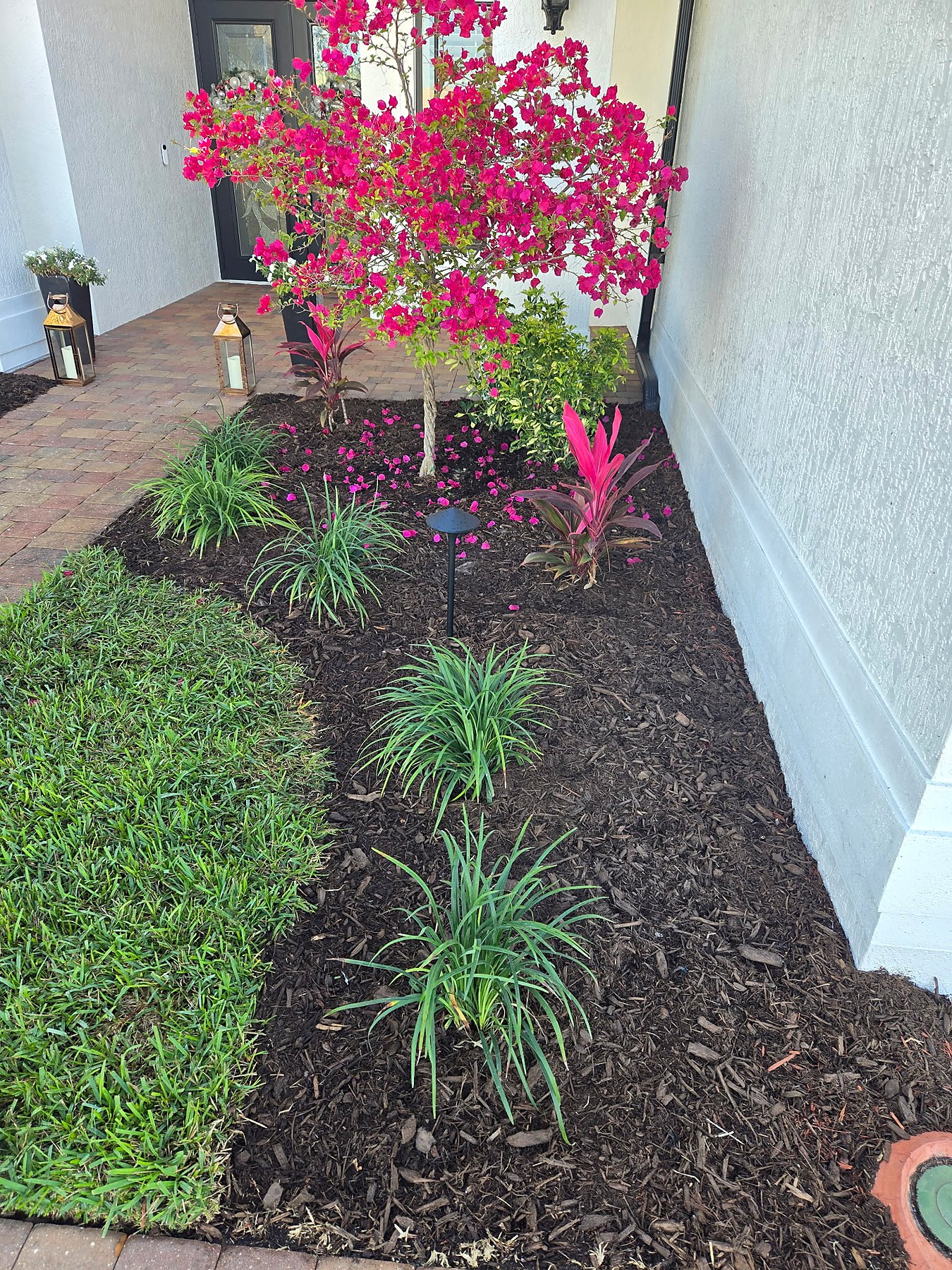 Foundation planting area after mulch and new plants
