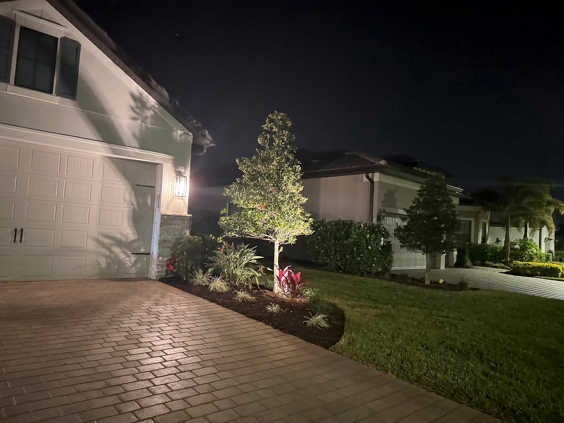 Finished entry landscaping illuminated at night